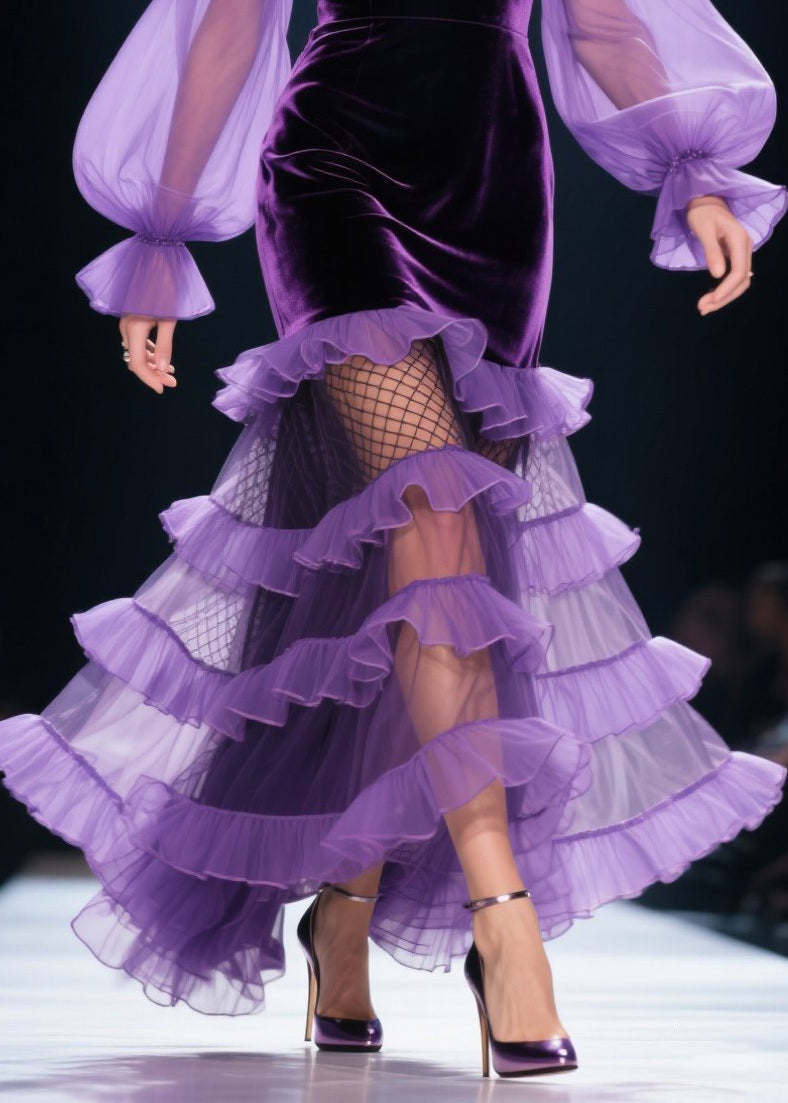 Vestidos de fiesta de primavera con capas de terciopelo de seda y patchwork con volantes en morado