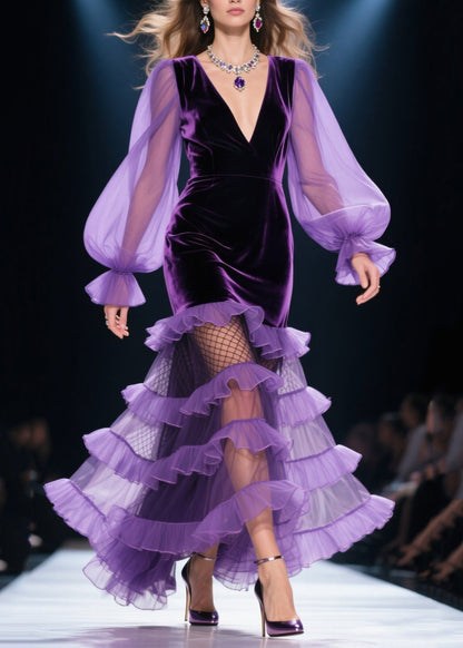 Vestidos de fiesta de primavera con capas de terciopelo de seda y patchwork con volantes en morado