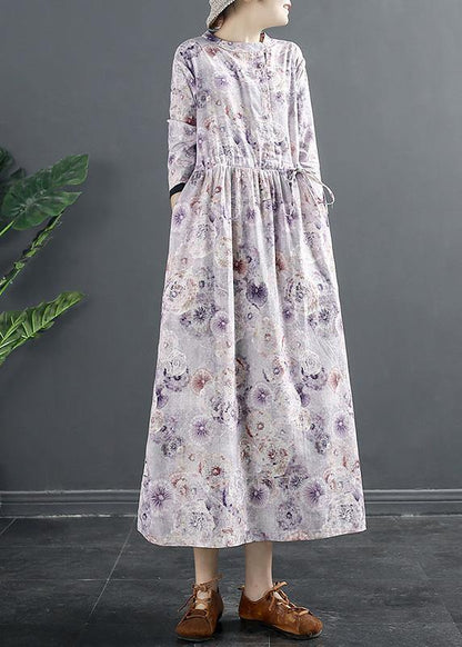 Style Purple Print Drawstring Art Dresses - SooLinen