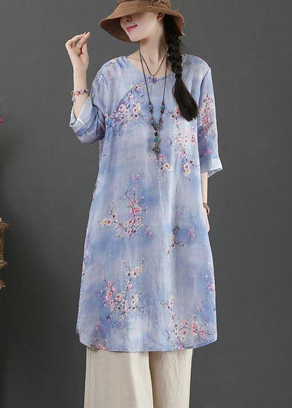Style Purple Print Oriental Long Linen Shirt Top Summer - SooLinen