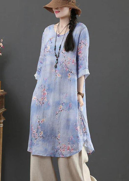 Style Purple Print Oriental Long Linen Shirt Top Summer - SooLinen