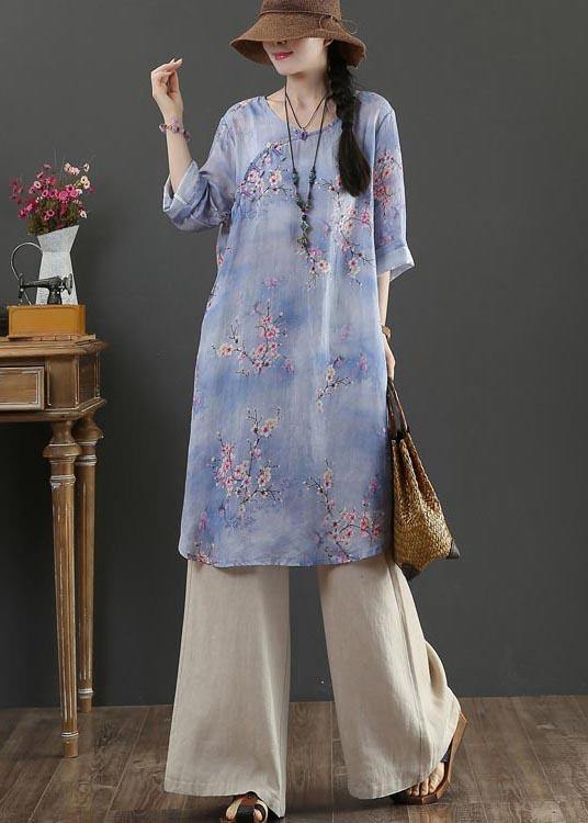 Style Purple Print Oriental Long Linen Shirt Top Summer - SooLinen
