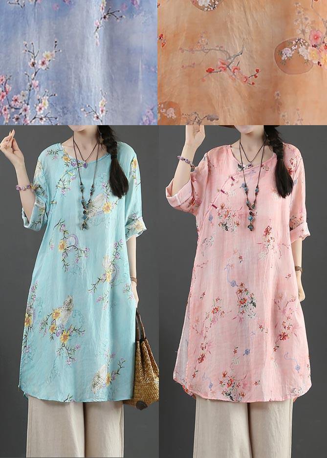 Style Purple Print Oriental Long Linen Shirt Top Summer - SooLinen