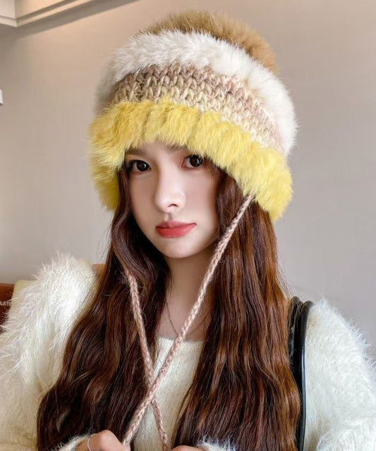 Sombrero de pescador de punto con diseño de conejo morado y patchwork