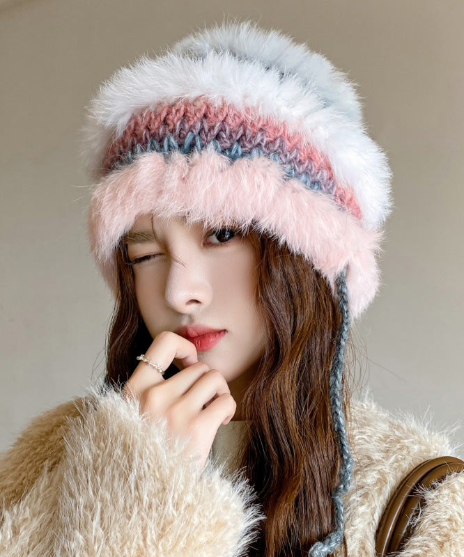 Sombrero de pescador de punto con diseño de conejo morado y patchwork