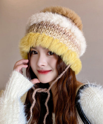 Sombrero de pescador de punto con diseño de conejo morado y patchwork