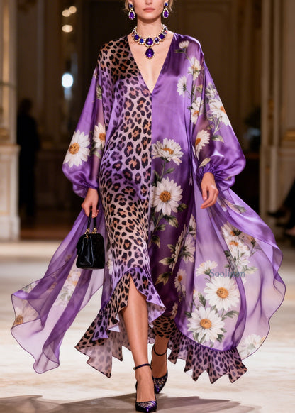 Style Purple V Neck Print Ruffled Patchwork Silk Long Dresses Summer