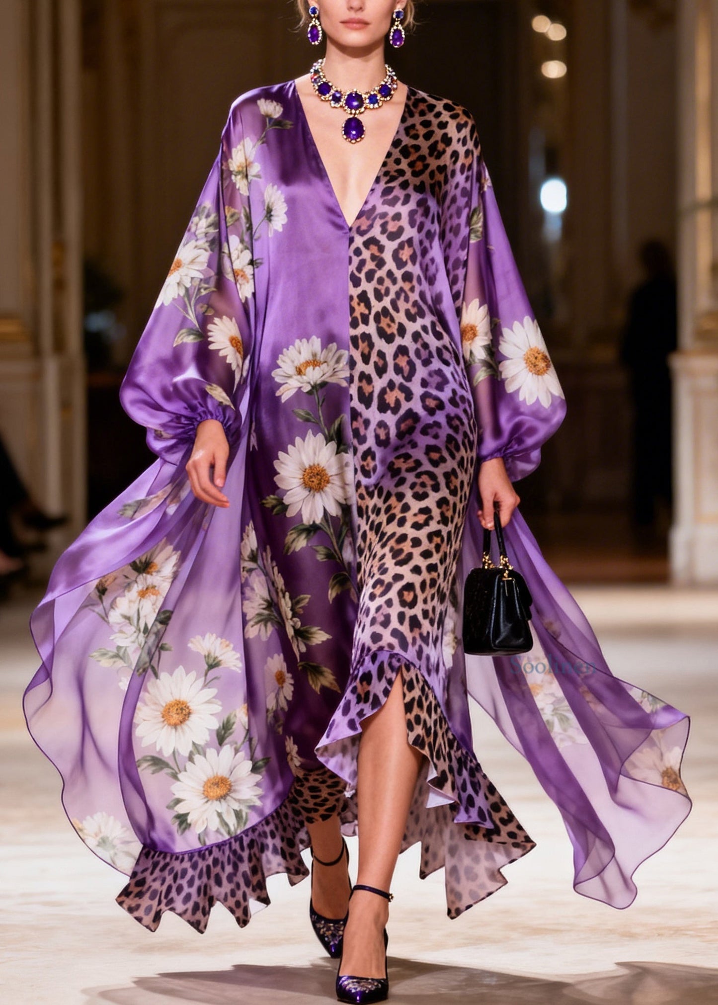 Style Purple V Neck Print Ruffled Patchwork Silk Long Dresses Summer