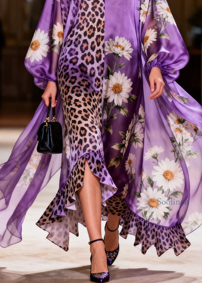 Style Purple V Neck Print Ruffled Patchwork Silk Long Dresses Summer