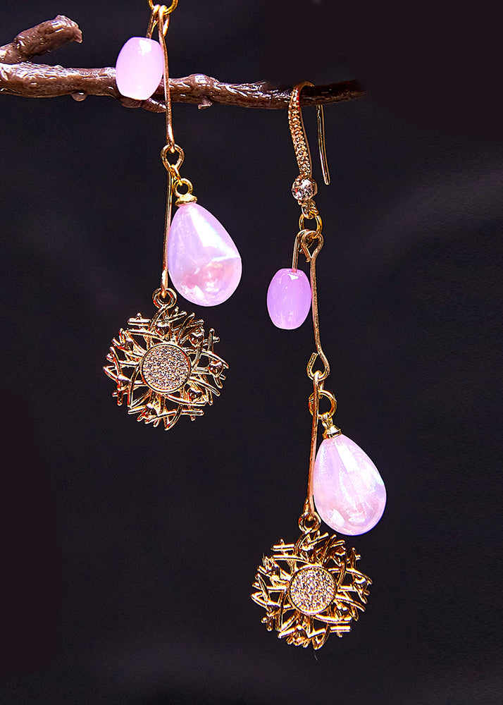 Pendientes colgantes de oro de 14 quilates con forma de girasol y cuentas de agua moradas