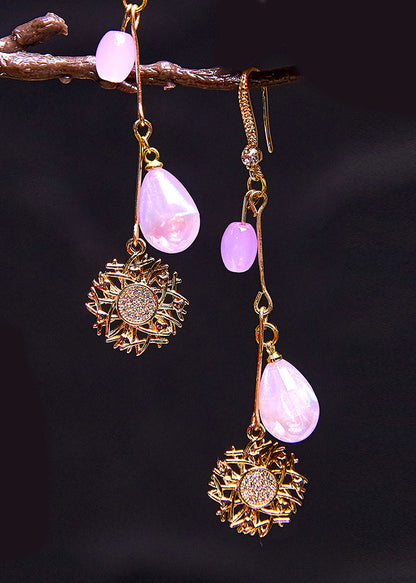 Pendientes colgantes de oro de 14 quilates con forma de girasol y cuentas de agua moradas