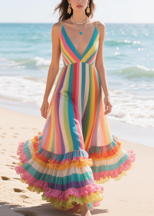 Style Rainbow Ruffled Striped Chiffon Cami Dress Summer