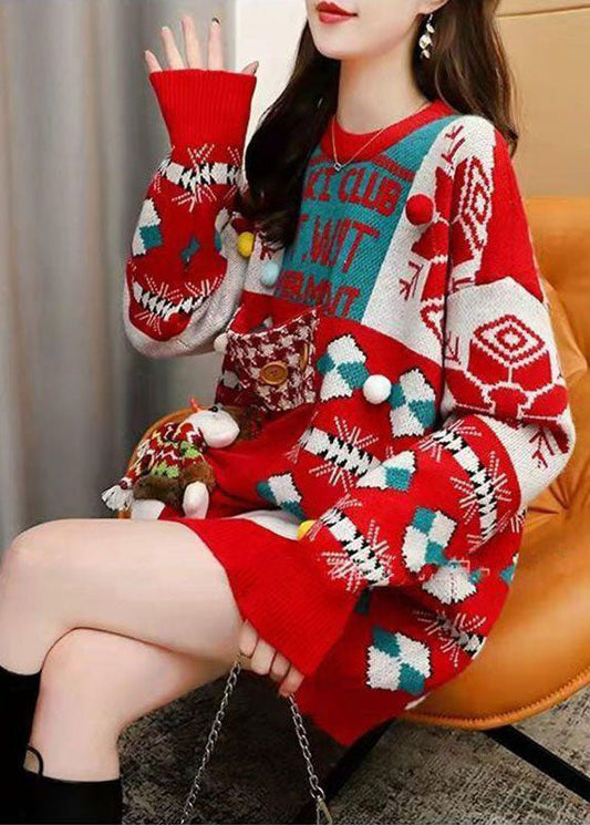 Stil Roter O-Ausschnitt Übergroßer Weihnachtsdruck Strickpullover Langer Winter