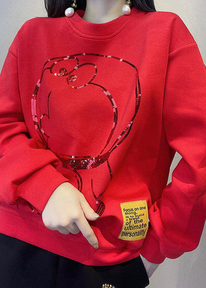 Stil Rot O-Ausschnitt Print Lose Herbst Pullover Streetwear