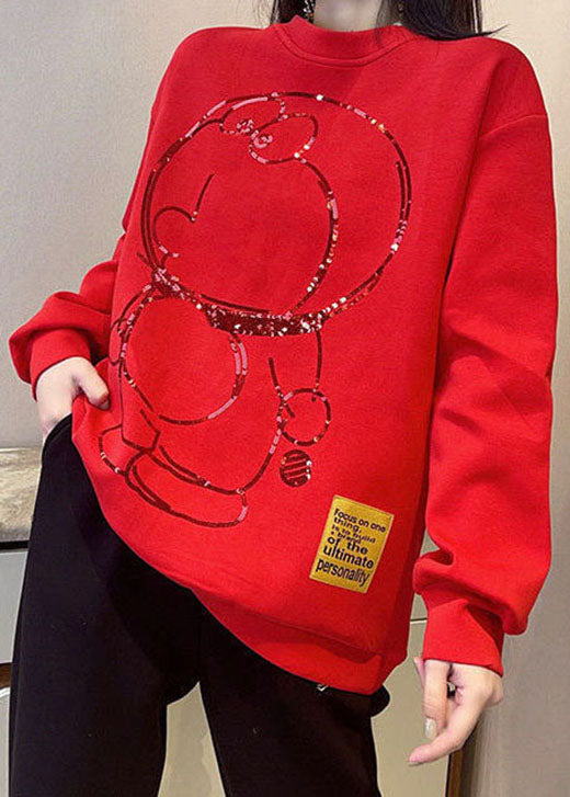 Stil Rot O-Ausschnitt Print Lose Herbst Pullover Streetwear