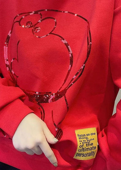 Stil Rot O-Ausschnitt Print Lose Herbst Pullover Streetwear