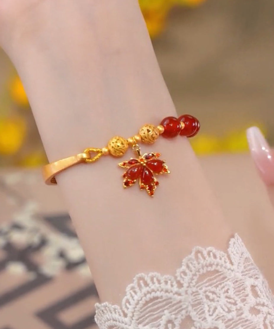 Stil: Rotes Sterlingsilber, vergoldetes Achat-Ahornblatt-Bettelarmband mit Quaste