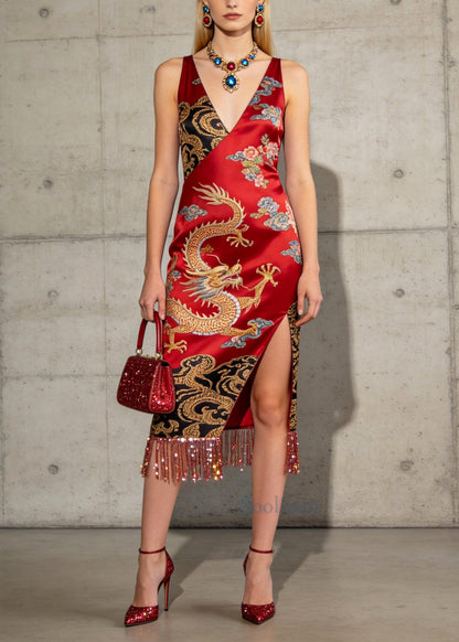 Style Red Tasseled Side Open Silk Long Dresses Summer