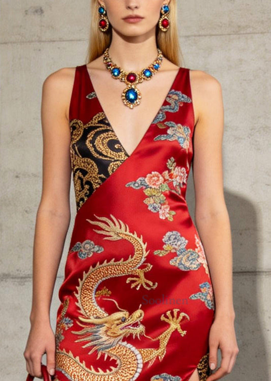 Style Red Tasseled Side Open Silk Long Dresses Summer