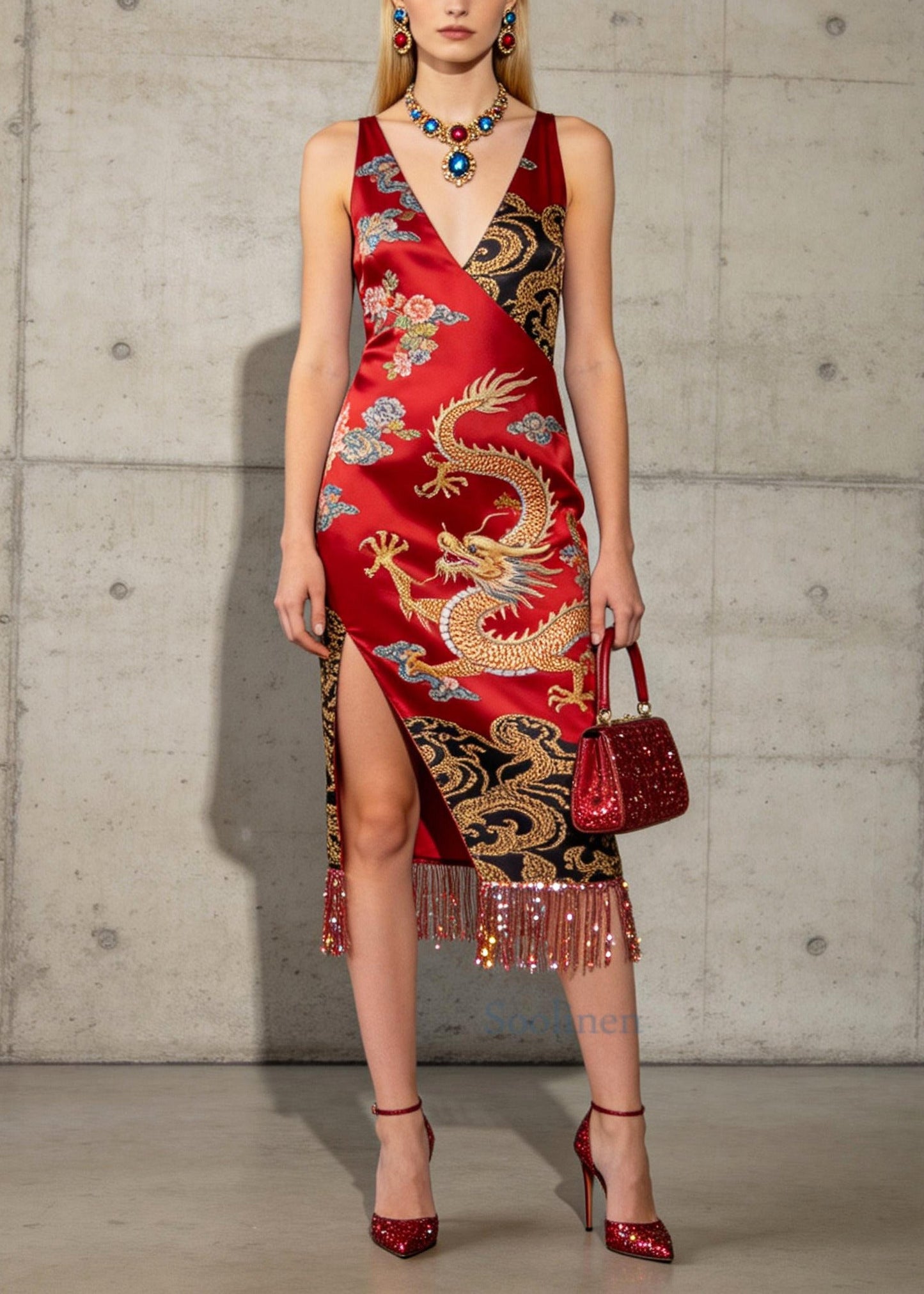 Style Red Tasseled Side Open Silk Long Dresses Summer