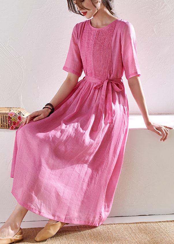 Style Rose Cinched Sashes Summer Ramie Sundress Half Sleeve - SooLinen