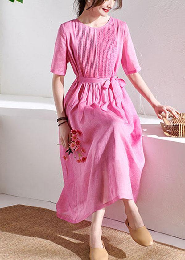 Style Rose Cinched Sashes Summer Ramie Sundress Half Sleeve - SooLinen