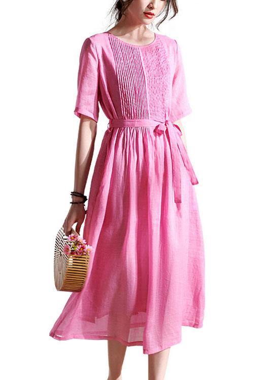 Style Rose Cinched Sashes Summer Ramie Sundress Half Sleeve - SooLinen