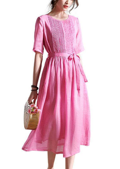 Style Rose Cinched Sashes Summer Ramie Sundress Half Sleeve - SooLinen