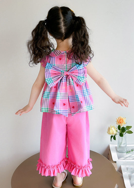 Style Rose Peter Pan Collar Striped Ruffled Girls Top And Wide Leg Pants Two Pieces Set Summer