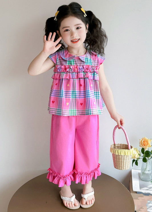 Style Rose Peter Pan Collar Striped Ruffled Girls Top And Wide Leg Pants Two Pieces Set Summer