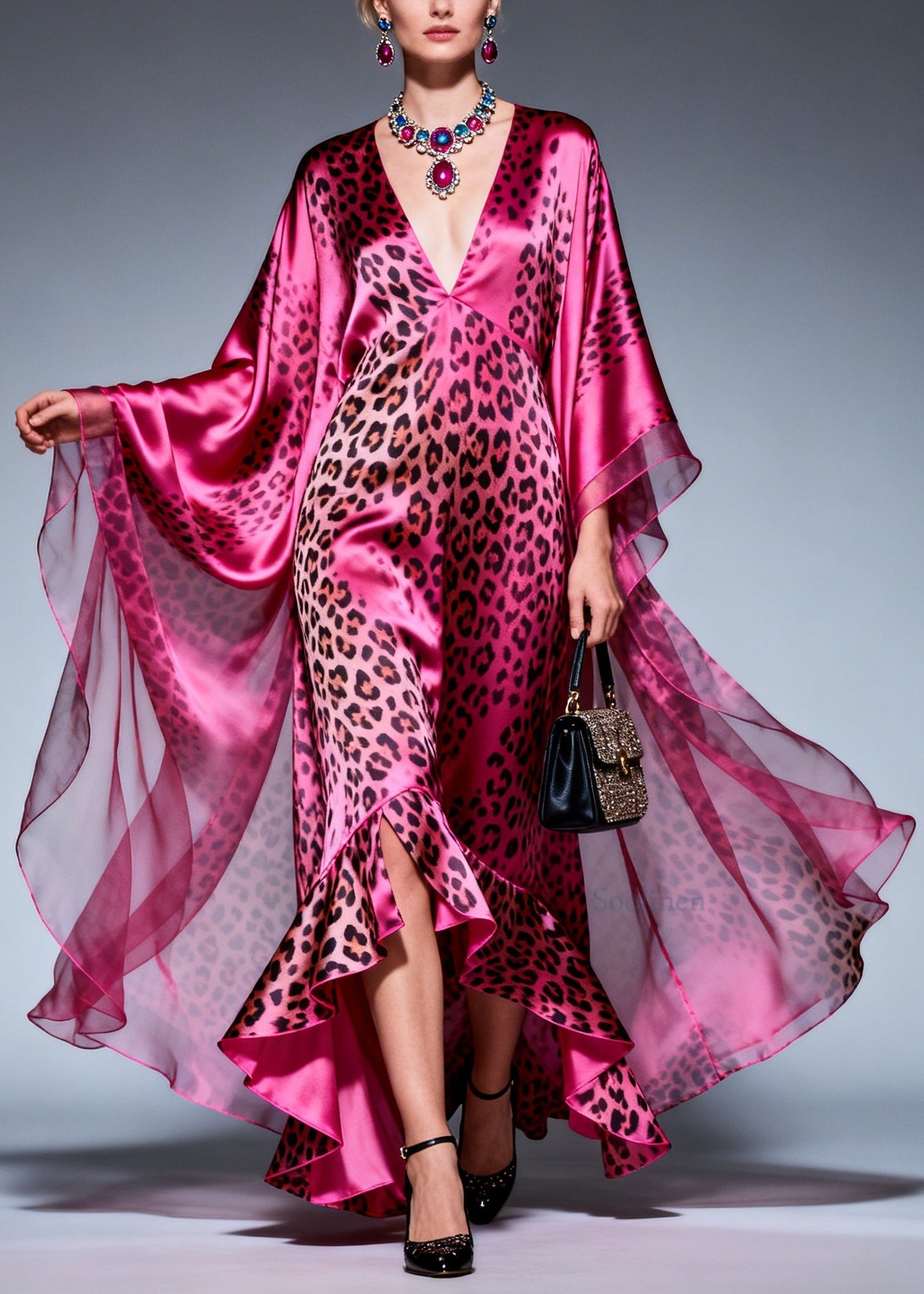 Style Ruffled Asymmetrical Design Print Silk Maxi Dresses Summer