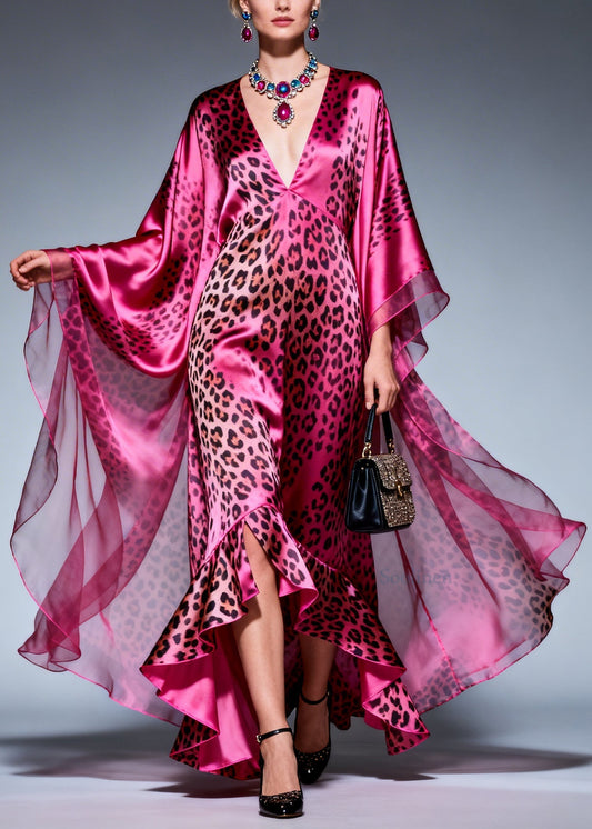 Style Ruffled Asymmetrical Design Print Silk Maxi Dresses Summer