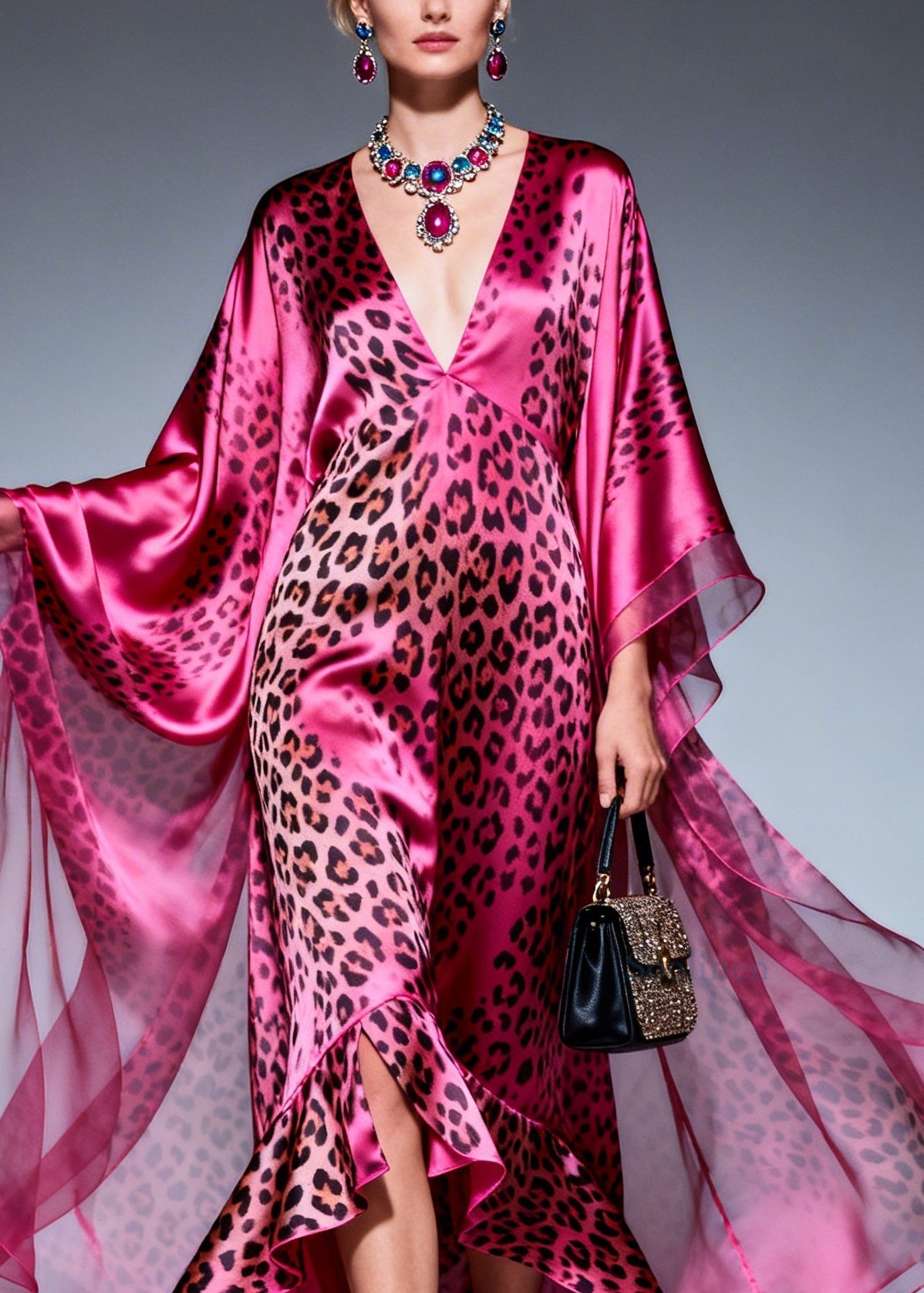 Style Ruffled Asymmetrical Design Print Silk Maxi Dresses Summer
