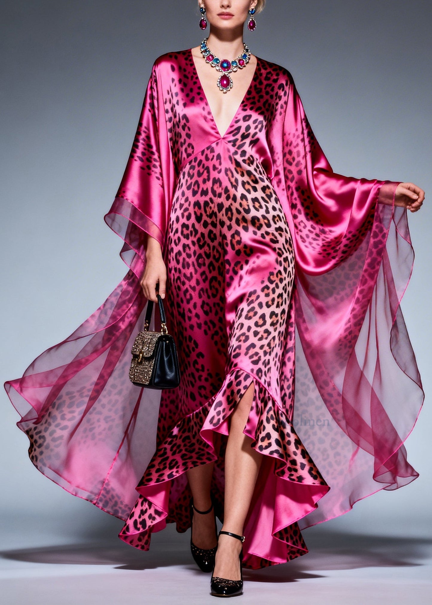 Style Ruffled Asymmetrical Design Print Silk Maxi Dresses Summer
