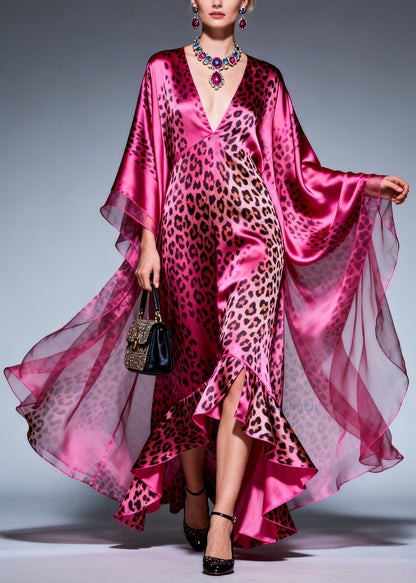 Style Ruffled Asymmetrical Design Print Silk Maxi Dresses Summer