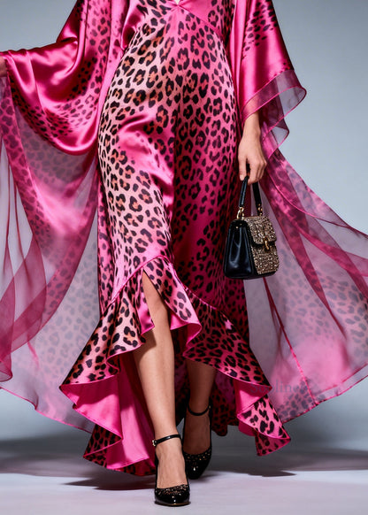 Style Ruffled Asymmetrical Design Print Silk Maxi Dresses Summer