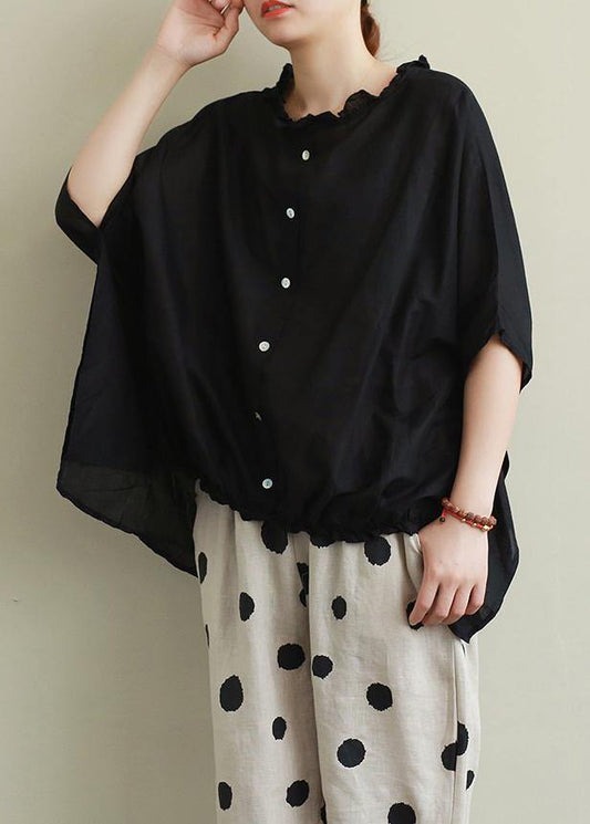 Style Ruffled cotton summer top Outfits black blouses - SooLinen