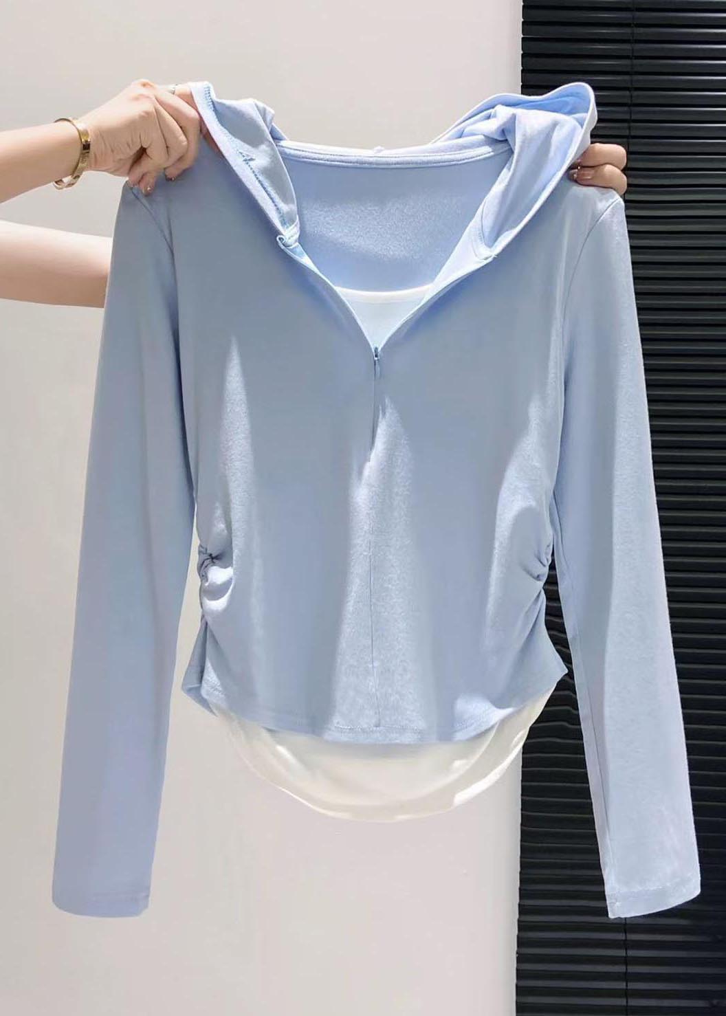 Style Sky Blue Hooded Patchwork Cotton Fake Two Piece Sweatshirt Streetwear Fall