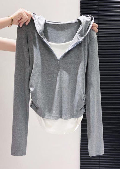 Style Sky Blue Hooded Patchwork Cotton Fake Two Piece Sweatshirt Streetwear Fall