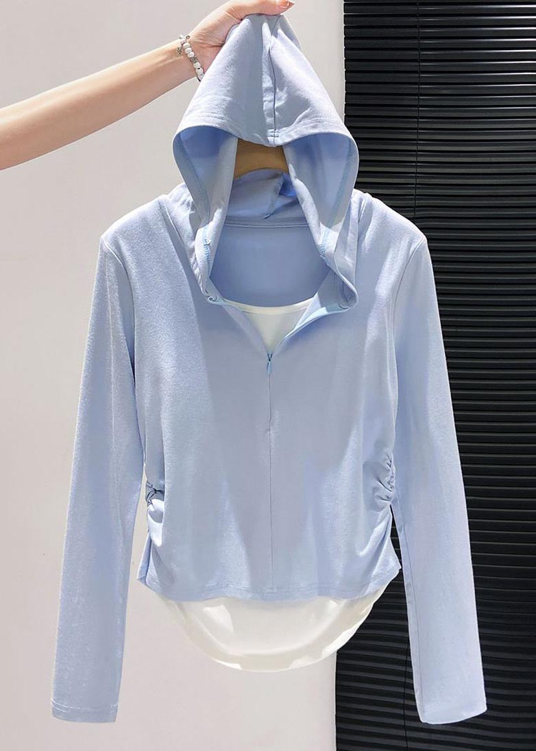 Style Sky Blue Hooded Patchwork Cotton Fake Two Piece Sweatshirt Streetwear Fall