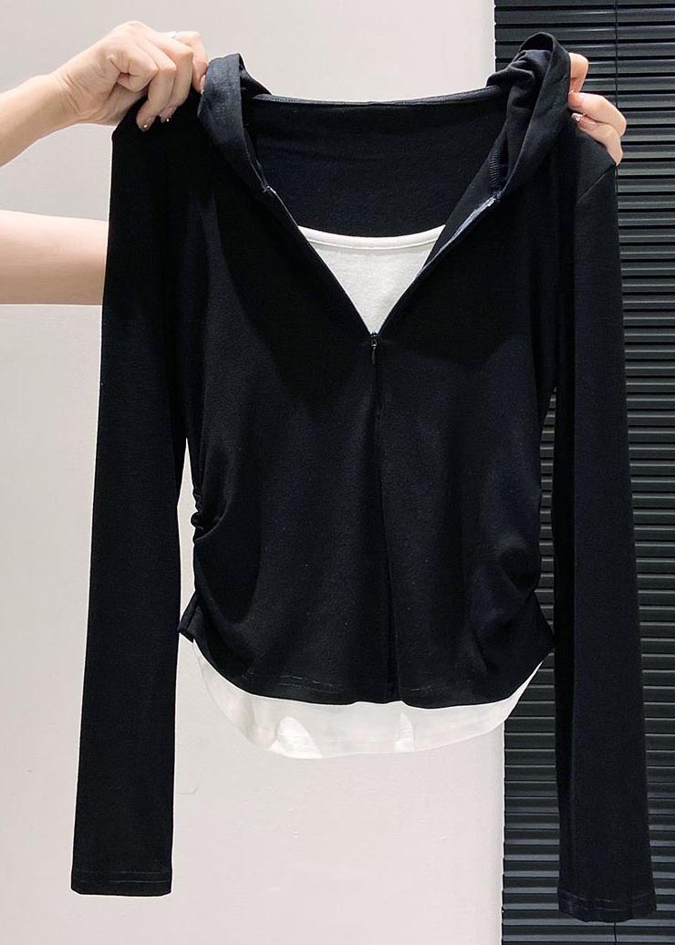 Style Sky Blue Hooded Patchwork Cotton Fake Two Piece Sweatshirt Streetwear Fall