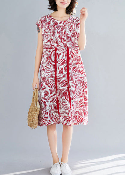 Stil Ärmellose Baumwollkleidung Boho Nähen roter Druck tägliche Kleider Sommer