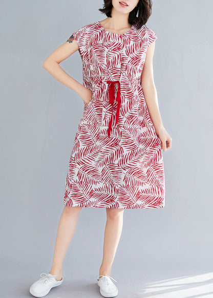 Stil Ärmellose Baumwollkleidung Boho Nähen roter Druck tägliche Kleider Sommer