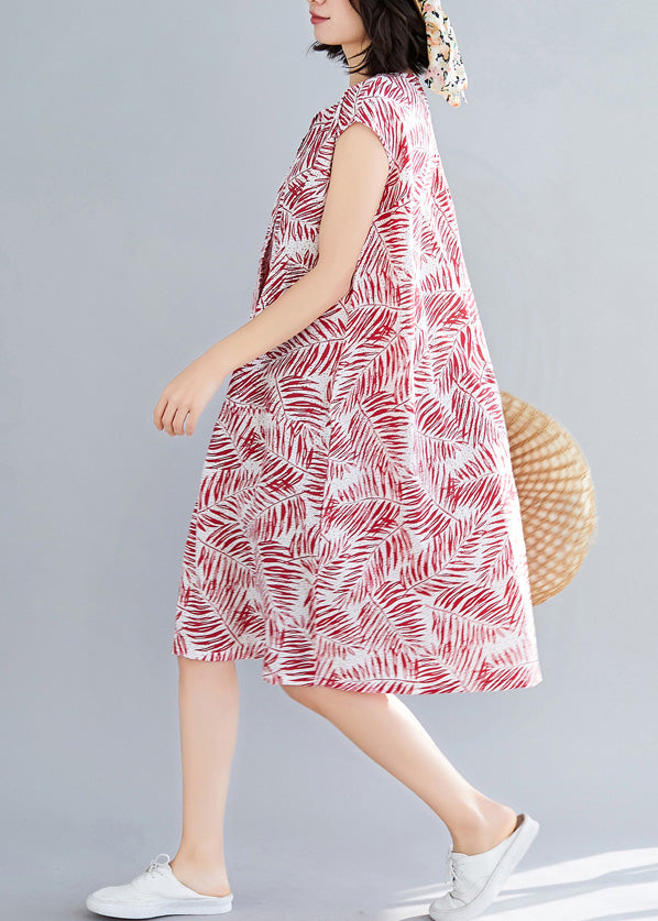 Stil Ärmellose Baumwollkleidung Boho Nähen roter Druck tägliche Kleider Sommer