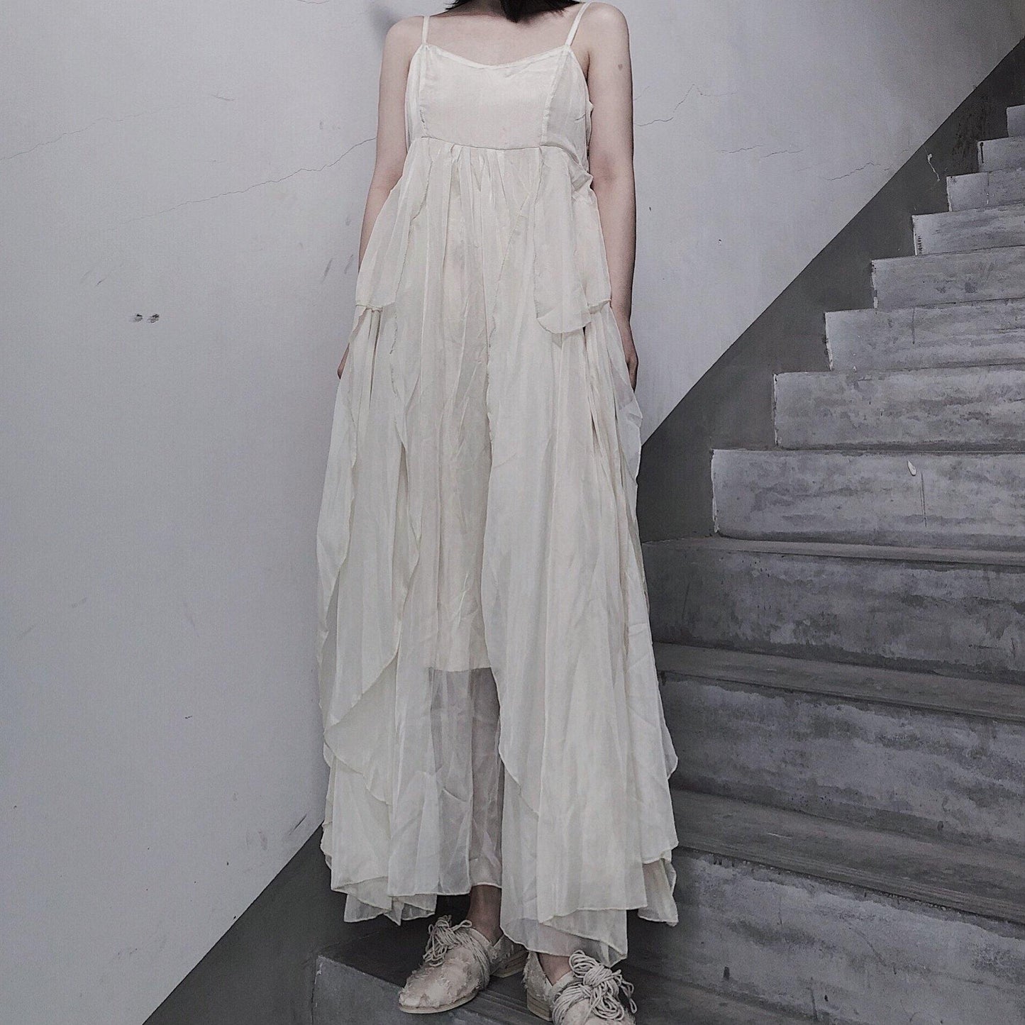 Style Spaghetti Strap Asymmetric Tunics Catwalk White Dresses - SooLinen