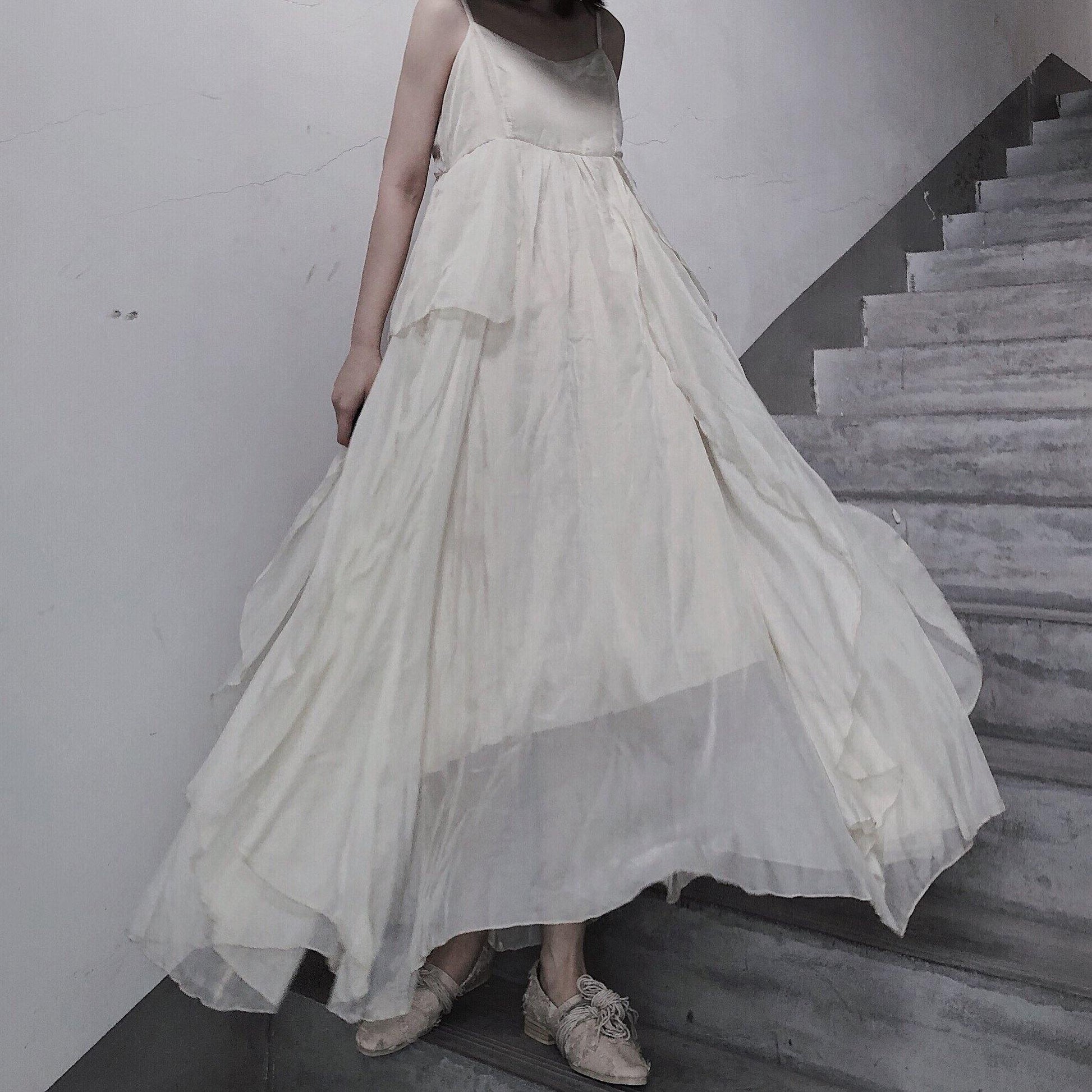 Style Spaghetti Strap Asymmetric Tunics Catwalk White Dresses - SooLinen