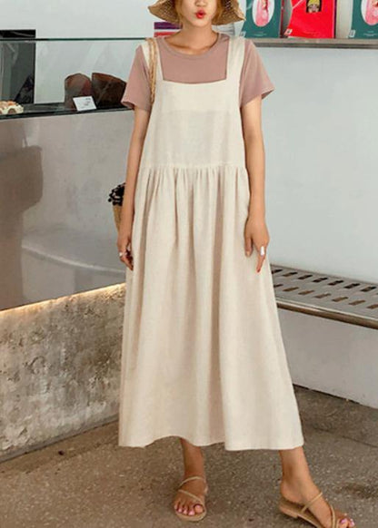 2021 Style Spaghetti Strap Cinched linen cotton clothes For Women Sewing black Dress - SooLinen