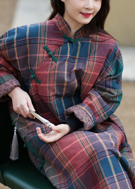 Stil Stehkragen Plaid Seite Offen Warme Fleece Dicke Baumwolle Parka Winter