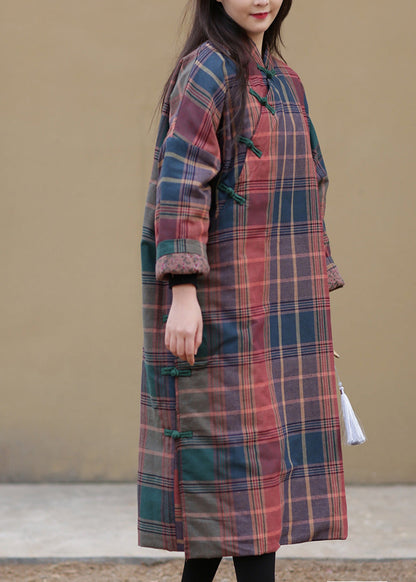 Stil Stehkragen Plaid Seite Offen Warme Fleece Dicke Baumwolle Parka Winter