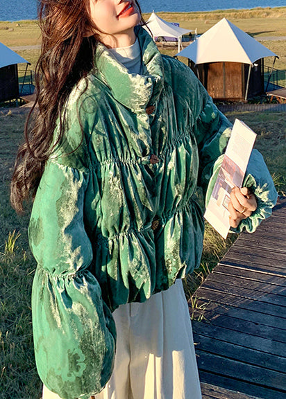 Chaqueta acolchada de plumón de pato con estampado oversize verde té y mangas farol